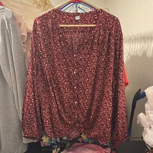 Red Long Sleeve Buttoned Blouse Relaxed Fit